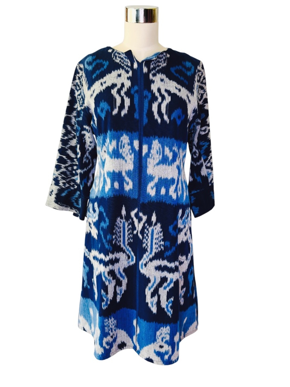 Blue Ikat Heavy Cotton A-Line Dress Bell Sleeve XL
